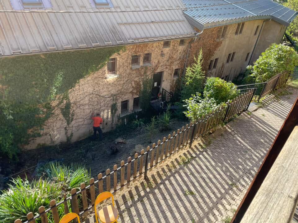 Débroussaillage de végétation le long d'une façade