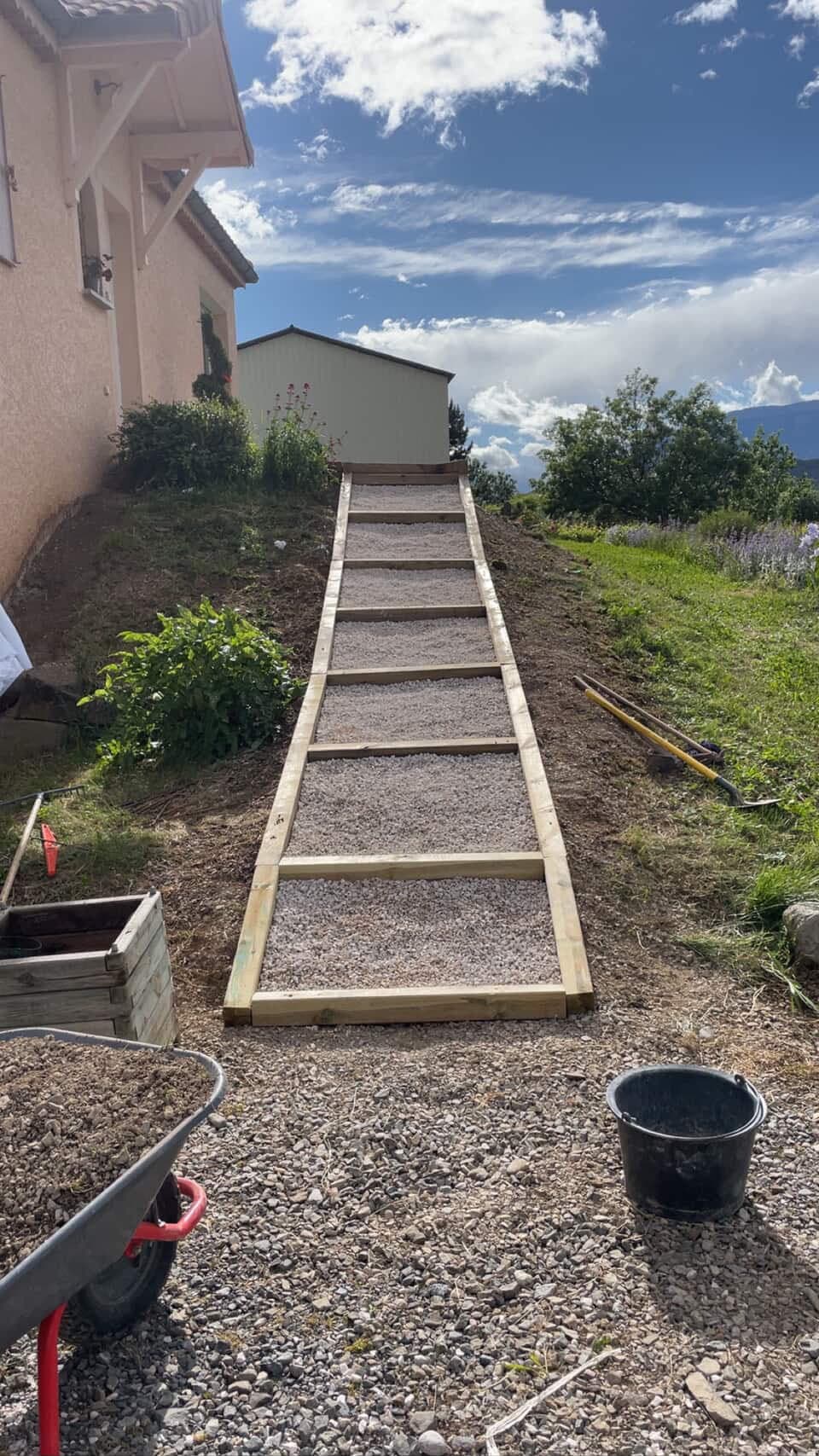 Allée en gravier sombre avec bordure bois à travers la végétation